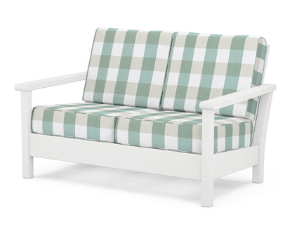 POLYWOOD® Harbour Deep Seating Loveseat in White / Buffalo Plaid Glacier Spa