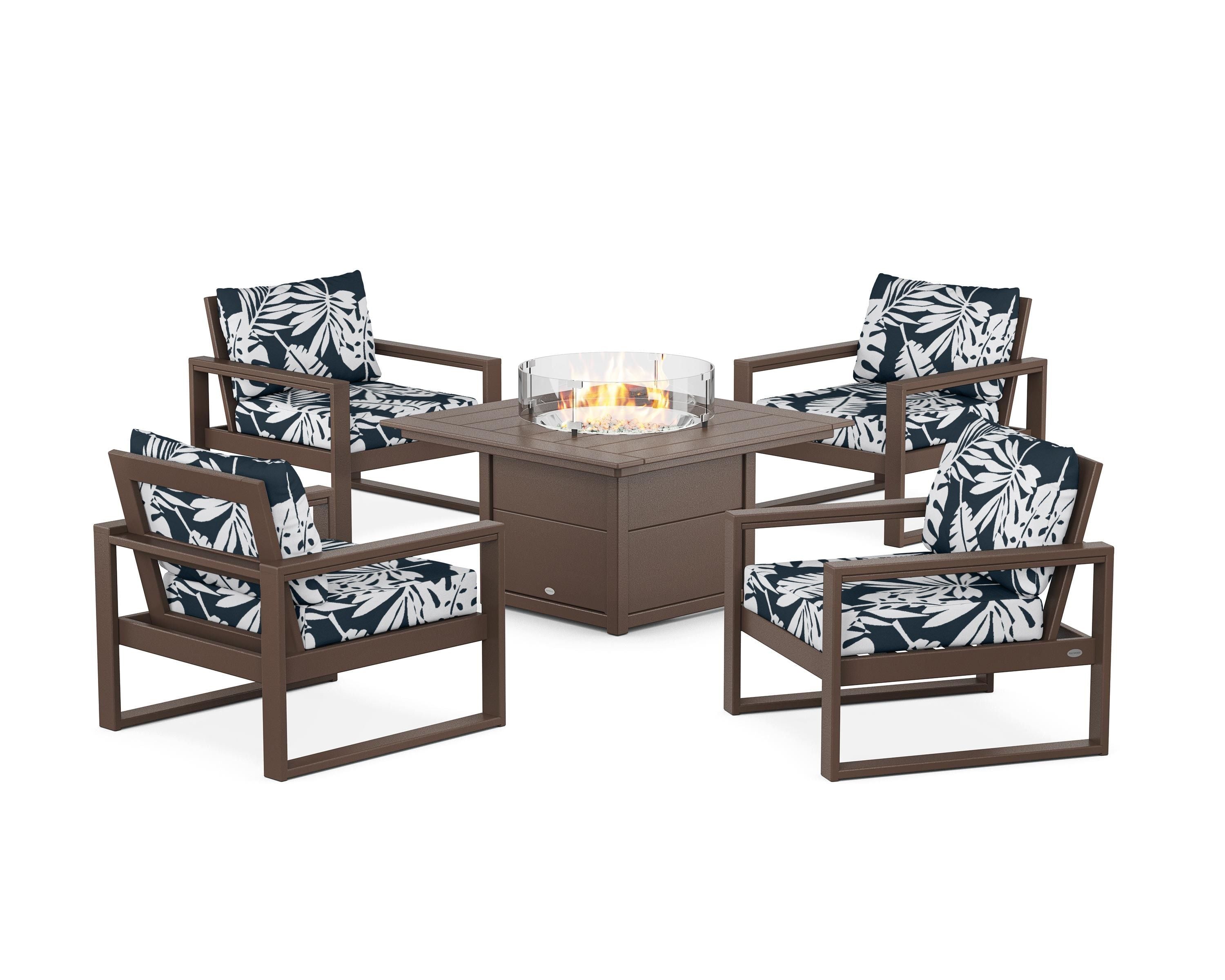 POLYWOOD® EDGE Sectional 5-Piece Deep Seating Set with Fire Pit Table in Mahogany / Leaf Marine Indigo
