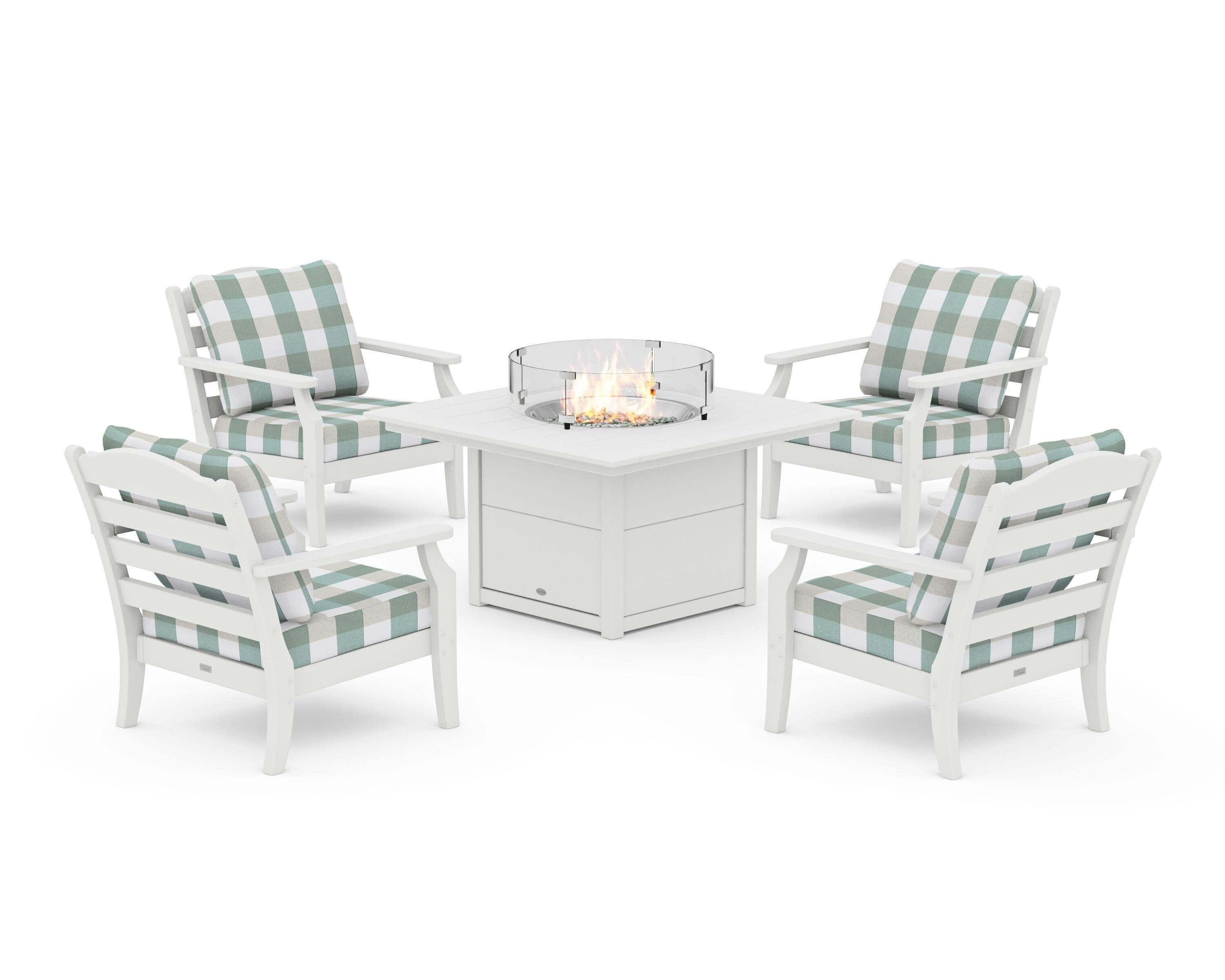 Draper James™ by  POLYWOOD® Savannah 5-Piece Deep Seating Set with Fire Pit Table in White / Buffalo Plaid Glacier Spa