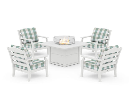 Draper James™ by  POLYWOOD® Savannah 5-Piece Deep Seating Set with Fire Pit Table in White / Buffalo Plaid Glacier Spa