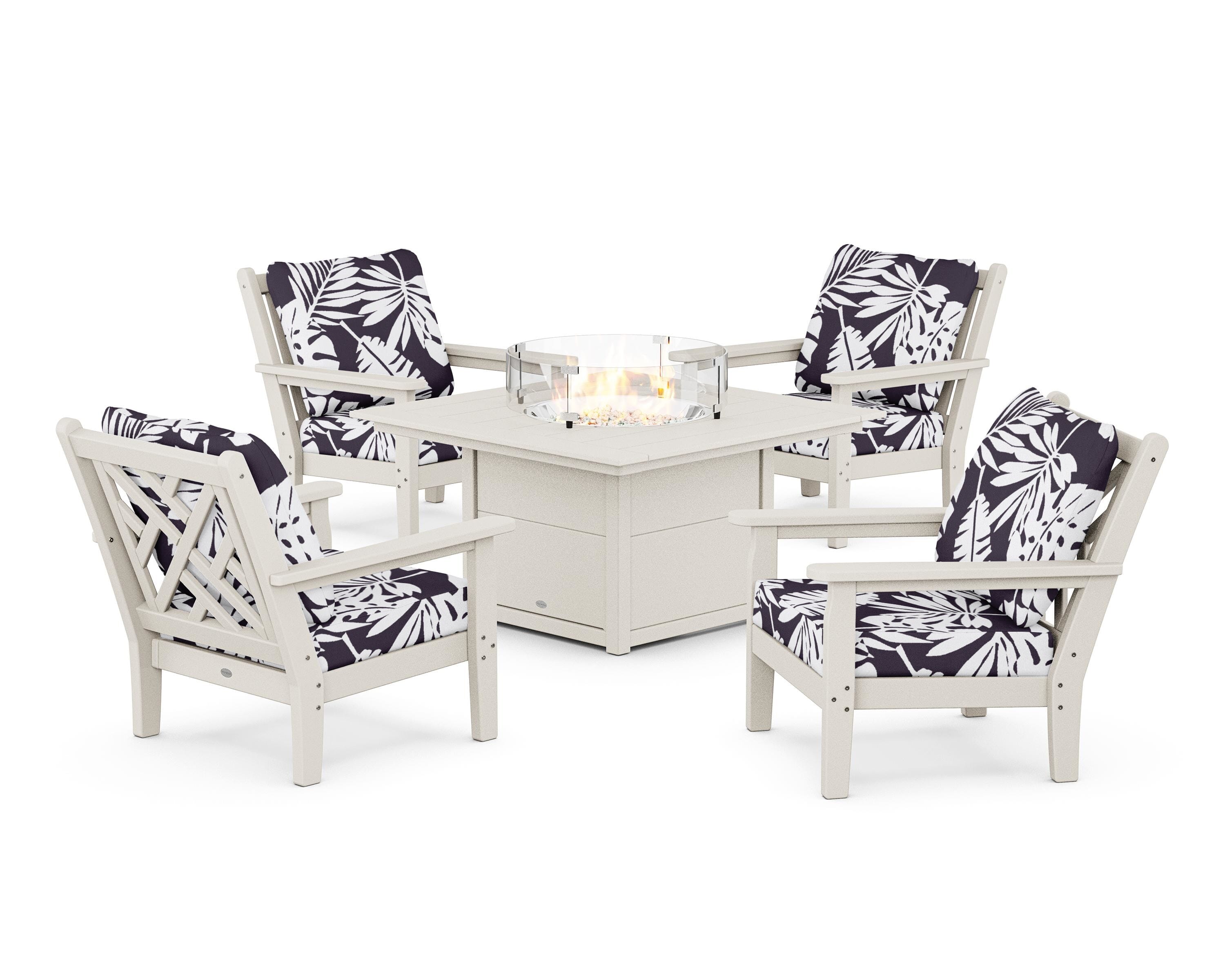 POLYWOOD® Chippendale 5-Piece Deep Seating Set with Fire Pit Table in Sand / Leaf Navy