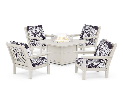 POLYWOOD® Chippendale 5-Piece Deep Seating Set with Fire Pit Table in Sand / Leaf Navy