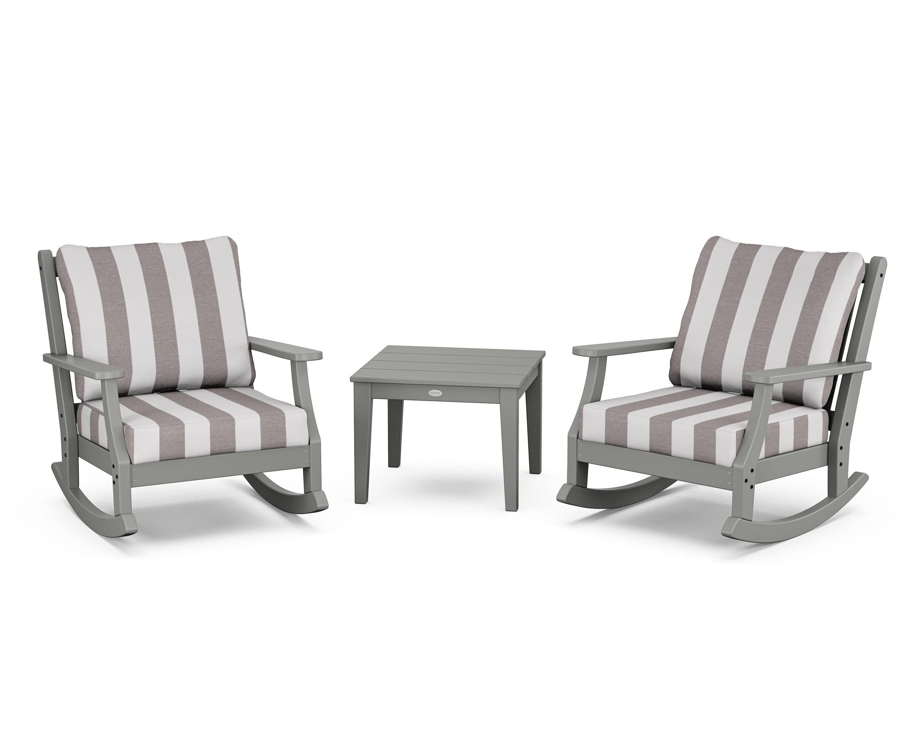 Country Living Wovendale 3-Piece Deep Seating Rocker Set in Slate Grey / Cabana Stripe Grey Mist