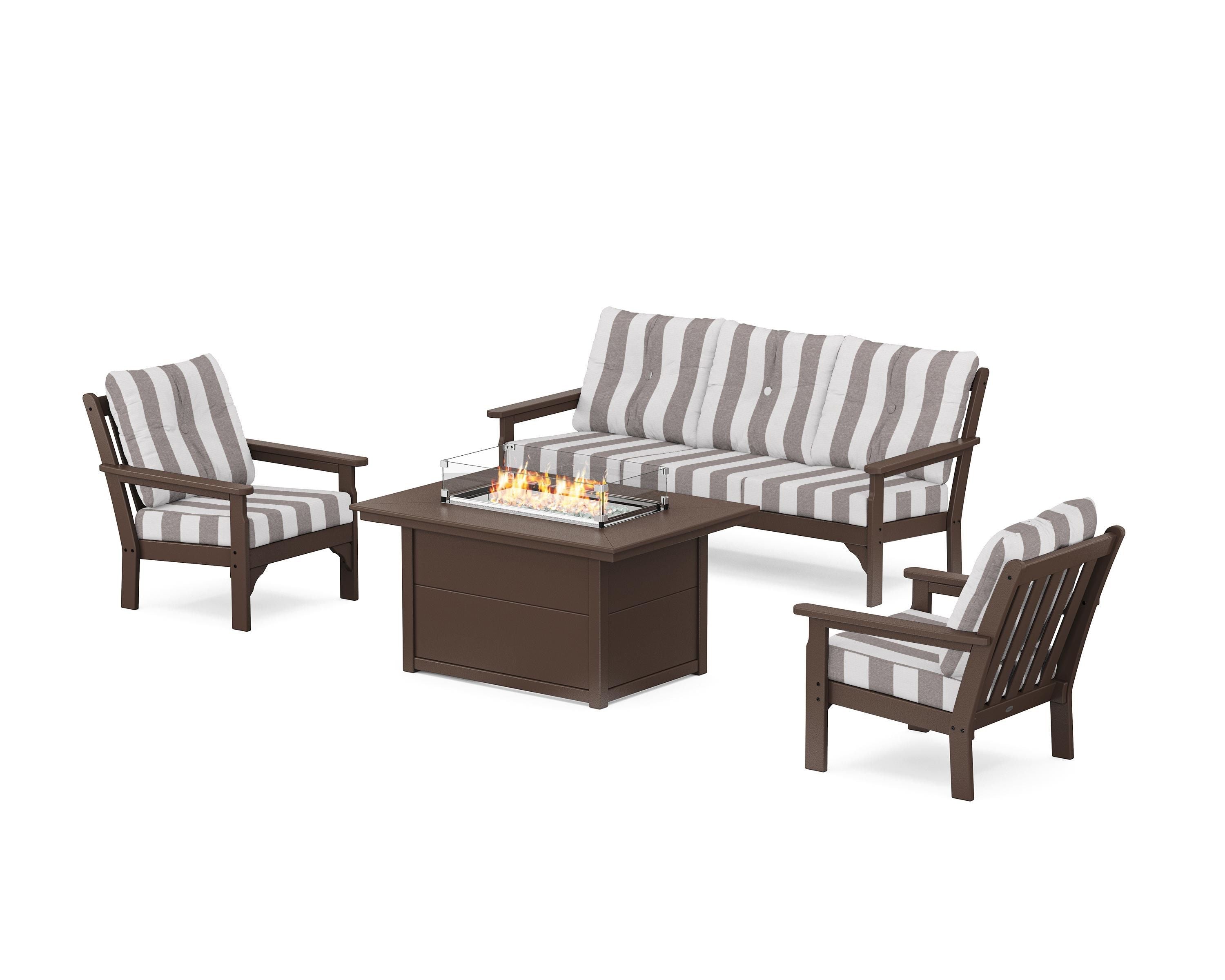 POLYWOOD® Vineyard Deep Seating Fire Pit Table Set in Mahogany / Cabana Stripe Grey Mist