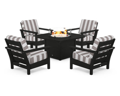 POLYWOOD® Harbour 5-Piece Conversation Set with Fire Pit Table in Black / Cabana Stripe Grey Mist