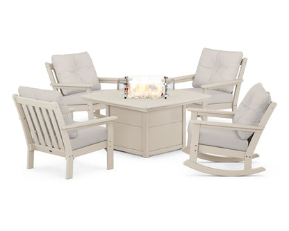 POLYWOOD® Vineyard 5-Piece Deep Seating Rocking Chair Conversation Set with Fire Pit Table in Sand / Cast Ash