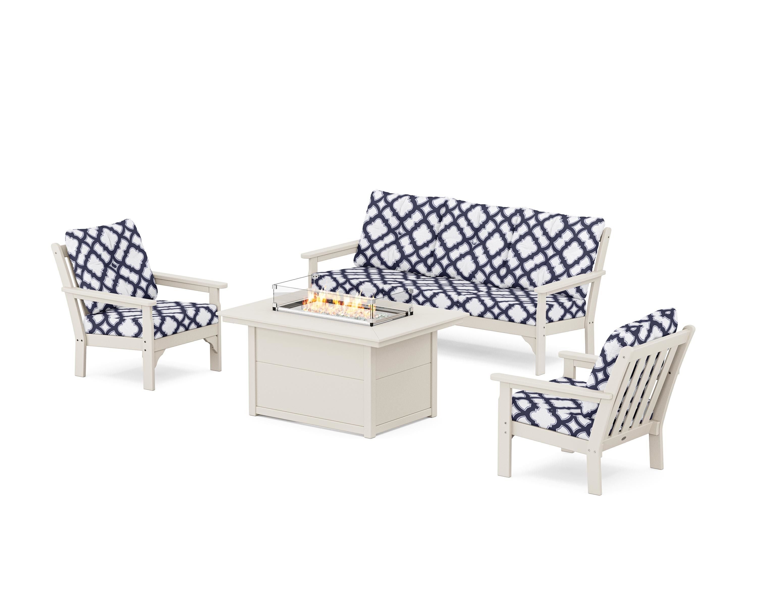POLYWOOD® Vineyard Deep Seating Fire Pit Table Set in Sand / Trellis Navy