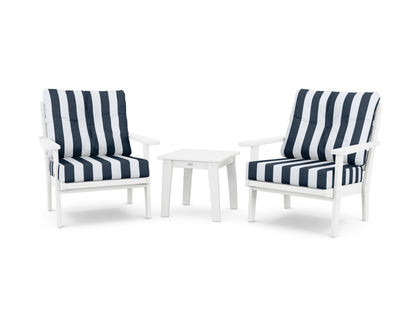 POLYWOOD® Lakeside 3-Piece Deep Seating Chair Set in White / Cabana Stripe Marine Indigo
