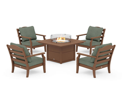Draper James™ by  POLYWOOD® Savannah 5-Piece Deep Seating Set with Fire Pit Table in Teak / Cast Sage