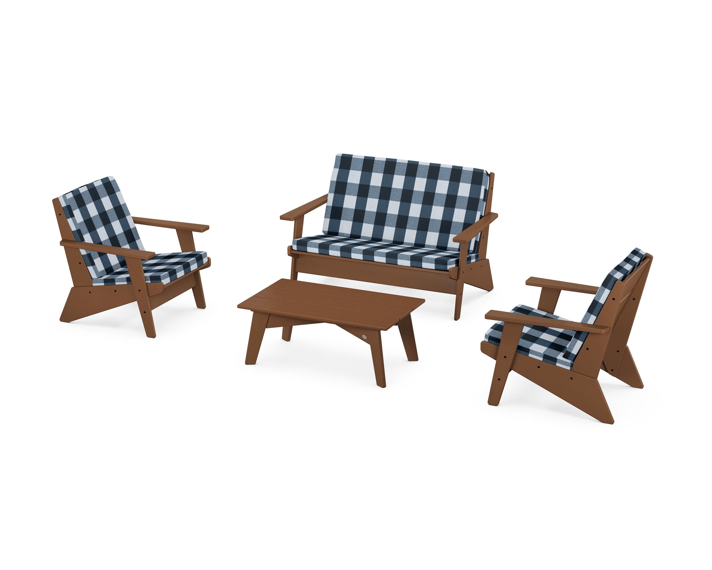 POLYWOOD® Riviera Modern Lounge 4-Piece Set in Teak / Buffalo Plaid Marine Indigo