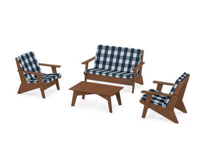 POLYWOOD® Riviera Modern Lounge 4-Piece Set in Teak / Buffalo Plaid Marine Indigo