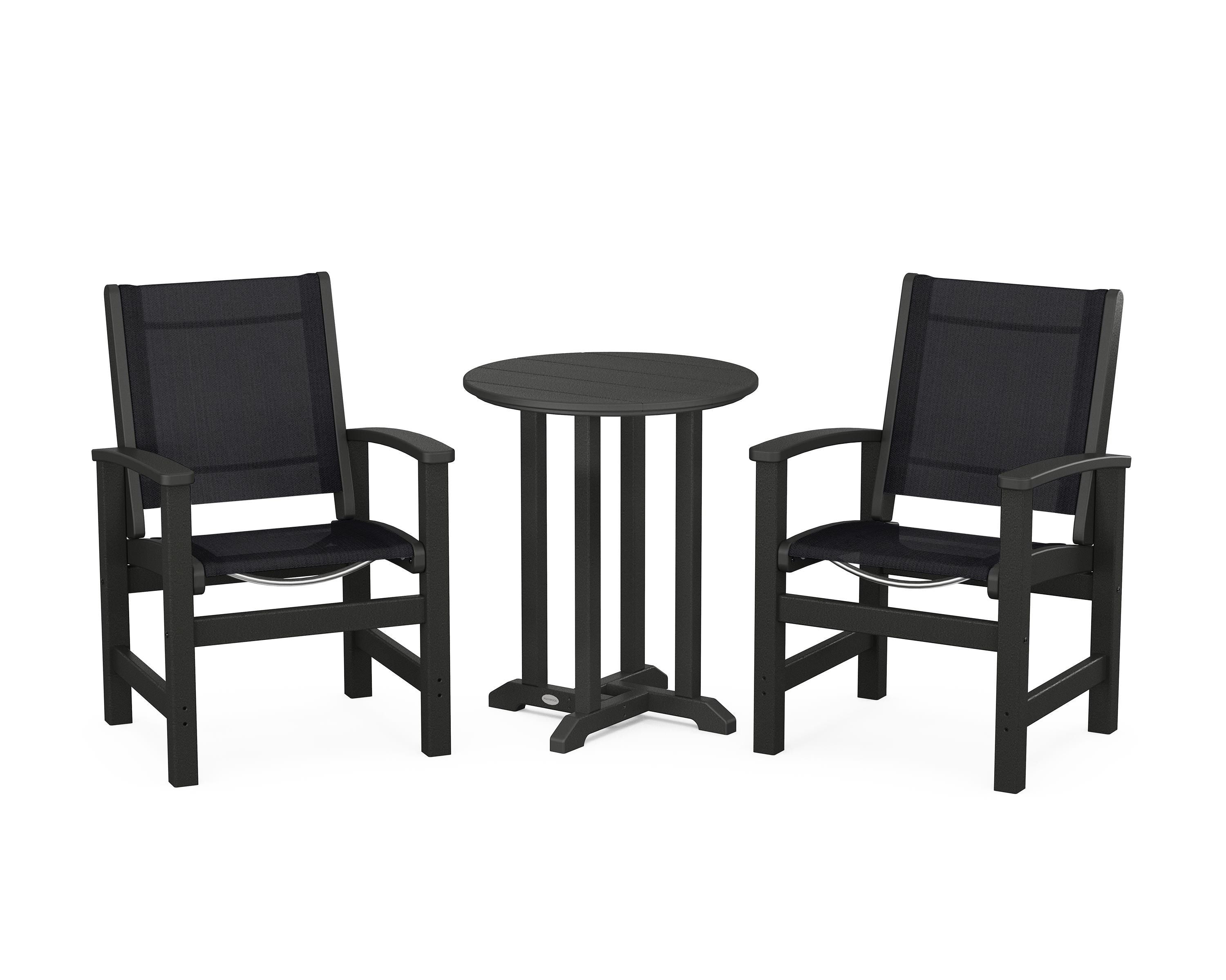 POLYWOOD® Coastal 3-Piece Round Bistro Dining Set in Black / Black Sling