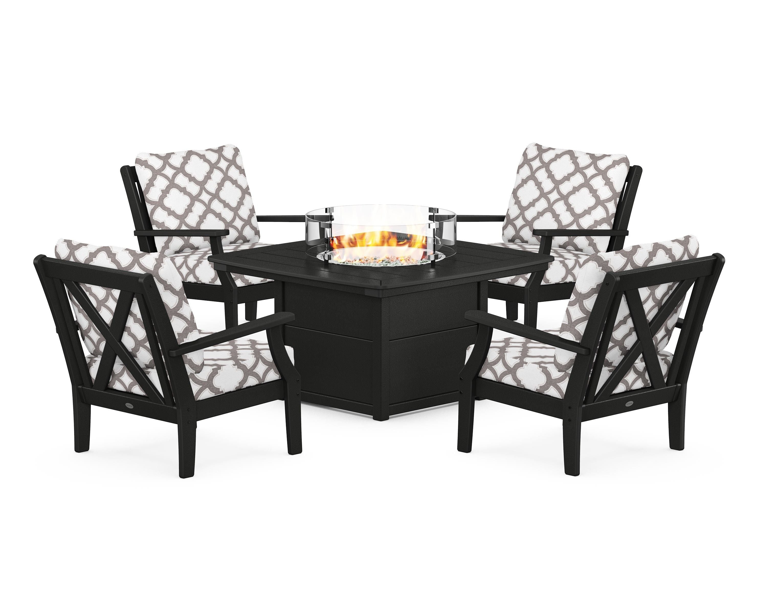 POLYWOOD® Braxton 5-Piece Deep Seating Conversation Set with Fire Pit Table in Black / Trellis Grey Mist