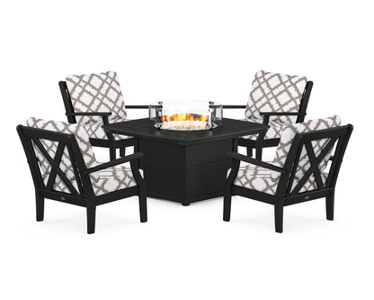POLYWOOD® Braxton 5-Piece Deep Seating Conversation Set with Fire Pit Table in Black / Trellis Grey Mist