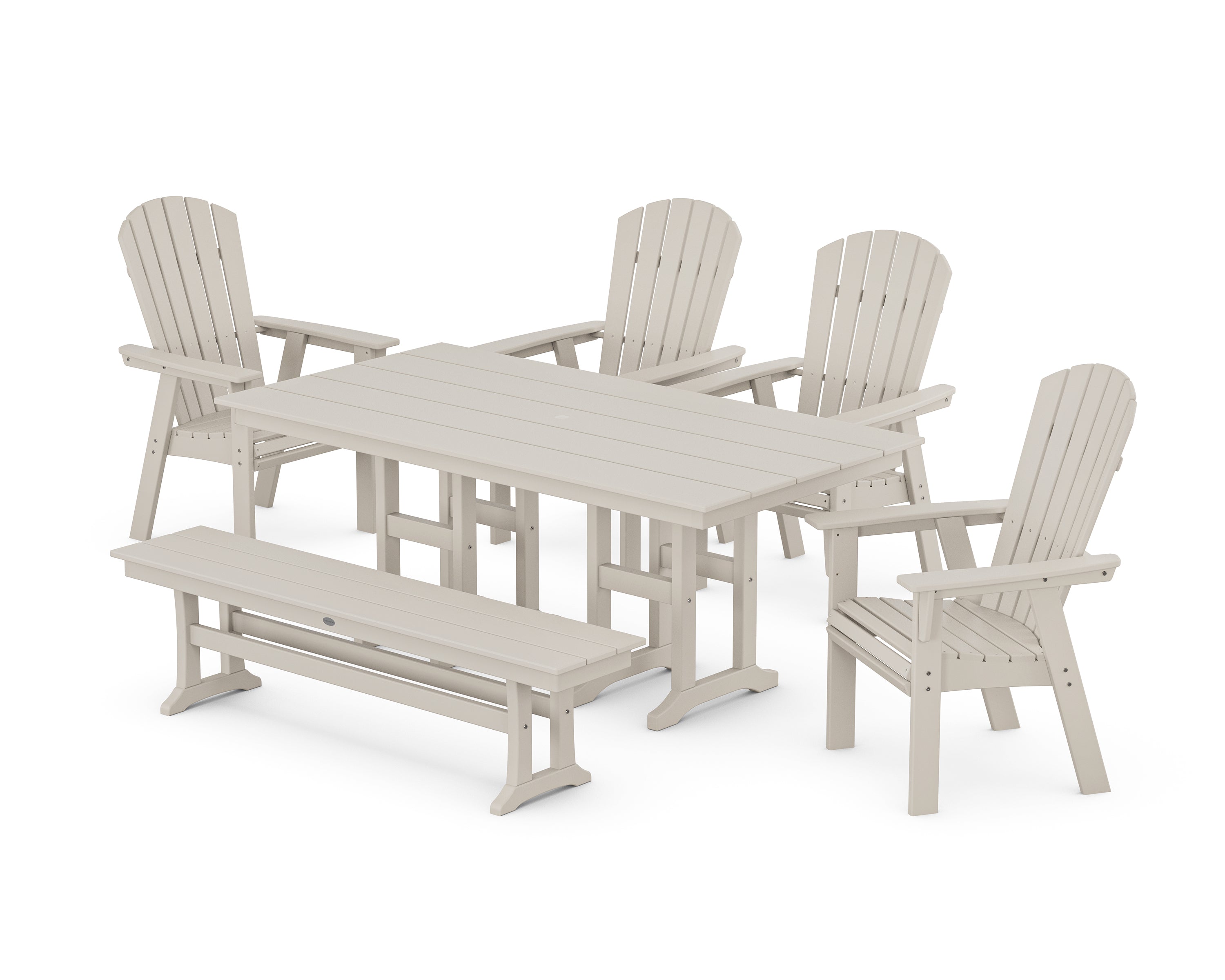 POLYWOOD® Nautical Curveback Adirondack 6-Piece Farmhouse Dining Set with Bench in Sand
