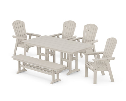 POLYWOOD® Nautical Curveback Adirondack 6-Piece Farmhouse Dining Set with Bench in Sand