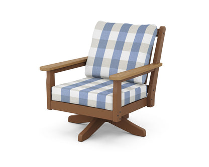 POLYWOOD® Chippendale Deep Seating Swivel Chair in Teak / Natural / Buffalo Plaid Sky Blue