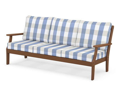 POLYWOOD® Braxton Deep Seating Sofa in Teak / Buffalo Plaid Sky Blue