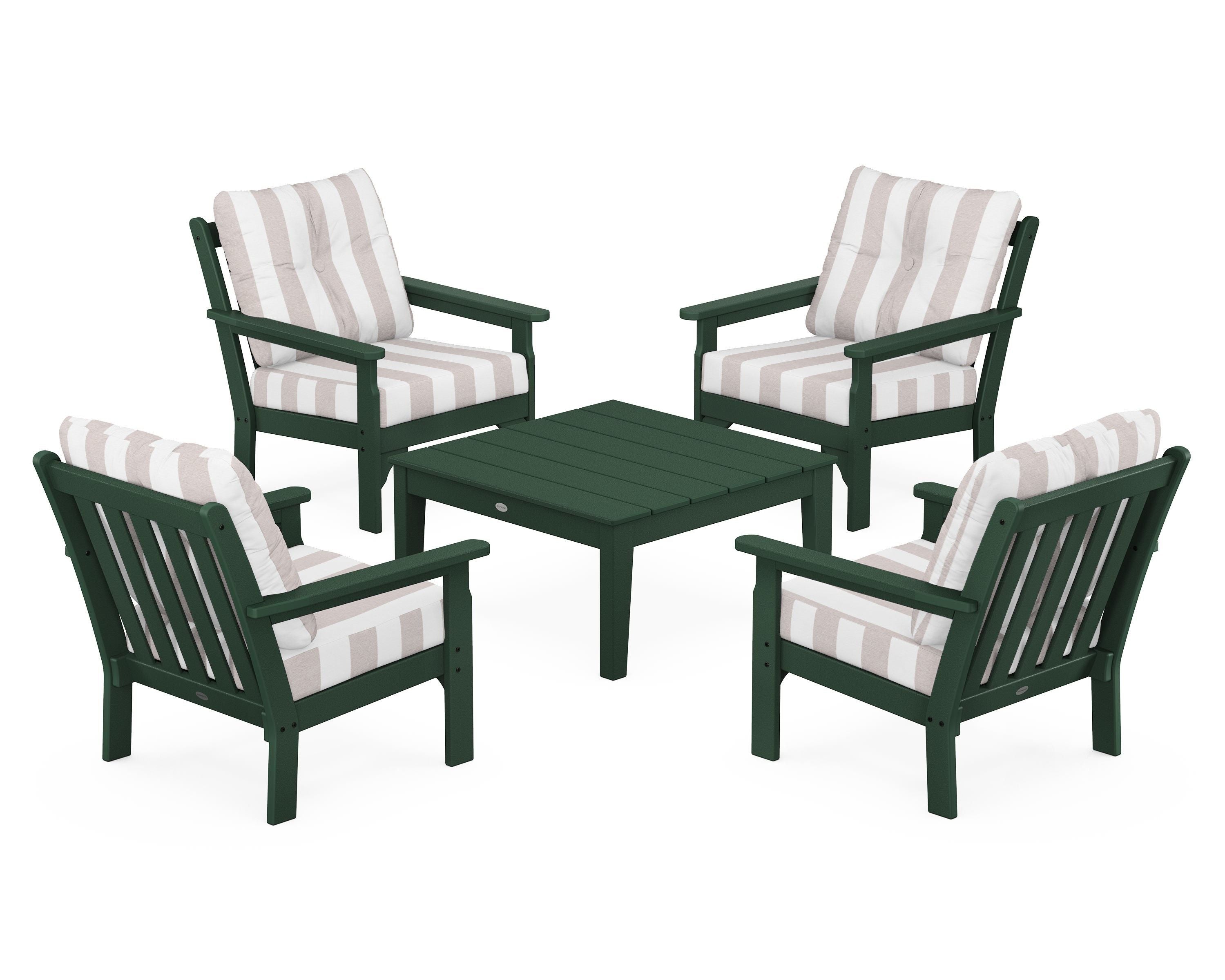 POLYWOOD® Vineyard 5-Piece Deep Seating Conversation Set in Green / Cabana Stripe Dune Burlap