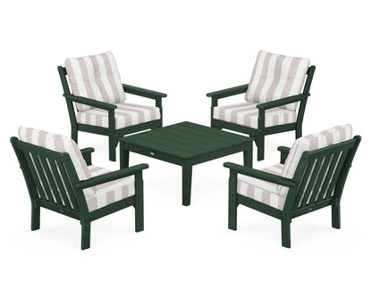 POLYWOOD® Vineyard 5-Piece Deep Seating Conversation Set in Green / Cabana Stripe Dune Burlap
