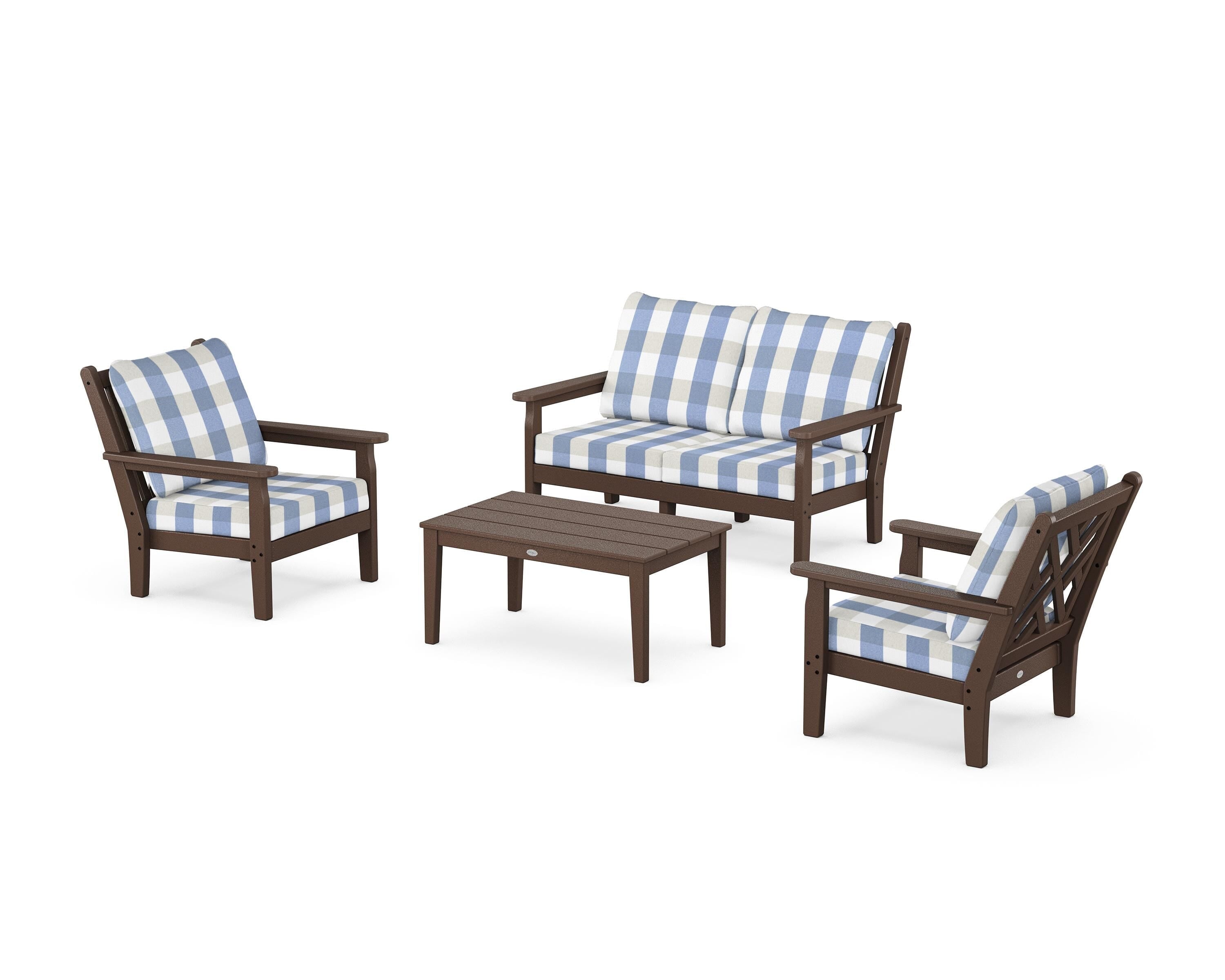 POLYWOOD® Chippendale 4-Piece Deep Seating Set with Loveseat in Mahogany / Buffalo Plaid Sky Blue