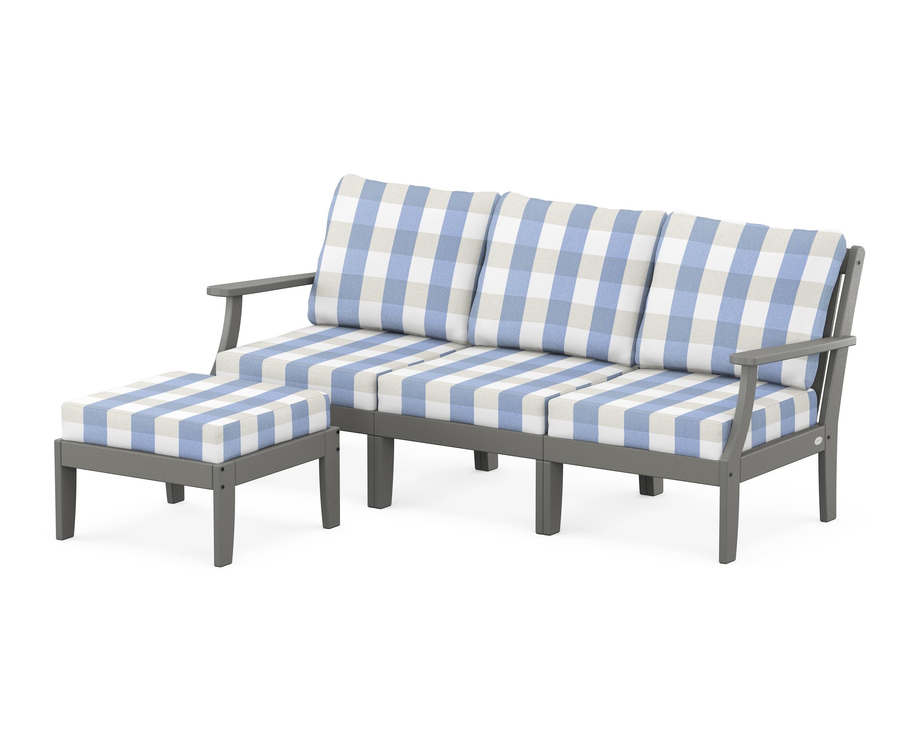 POLYWOOD® Braxton Modular 4-Piece Deep Seating Set with Ottoman in Slate Grey / Buffalo Plaid Sky Blue
