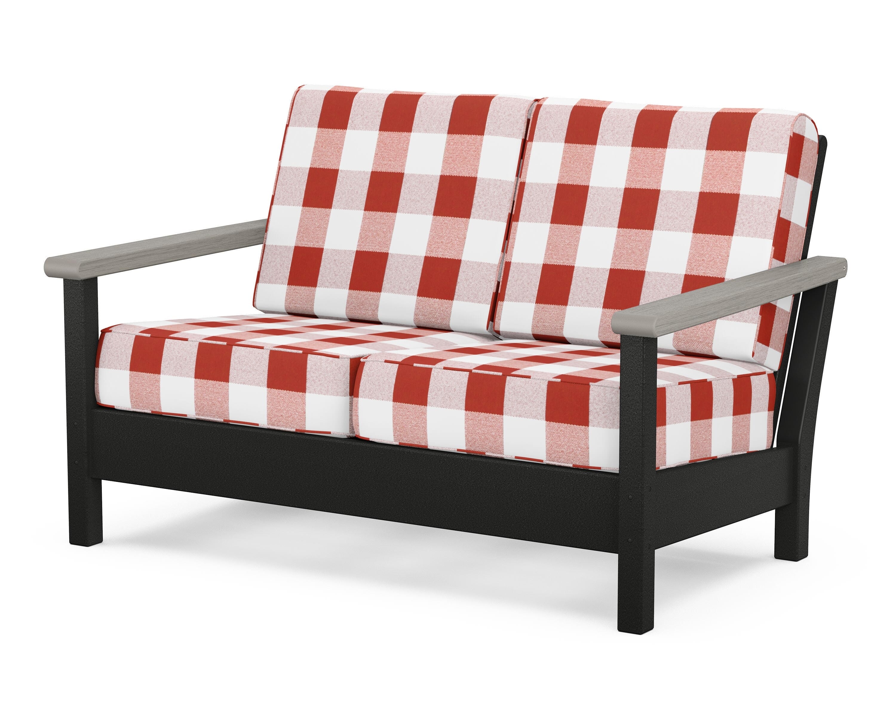 POLYWOOD® Harbour Deep Seating Loveseat in Black / Driftwood / Buffalo Plaid Crimson