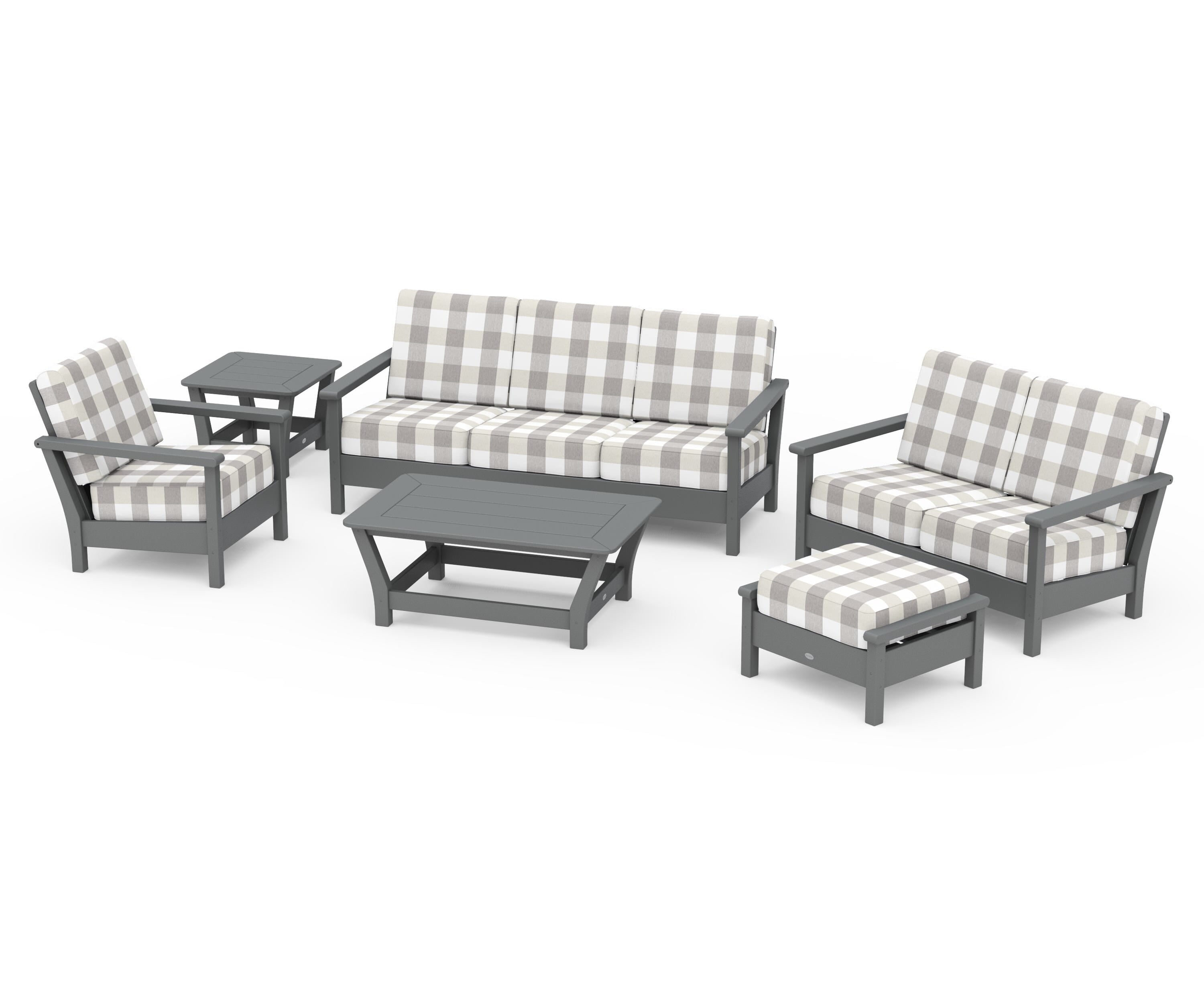 POLYWOOD® Harbour 6-Piece Outdoor Living Set in Slate Grey / Buffalo Plaid Grey Mist