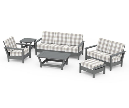 POLYWOOD® Harbour 6-Piece Outdoor Living Set in Slate Grey / Buffalo Plaid Grey Mist