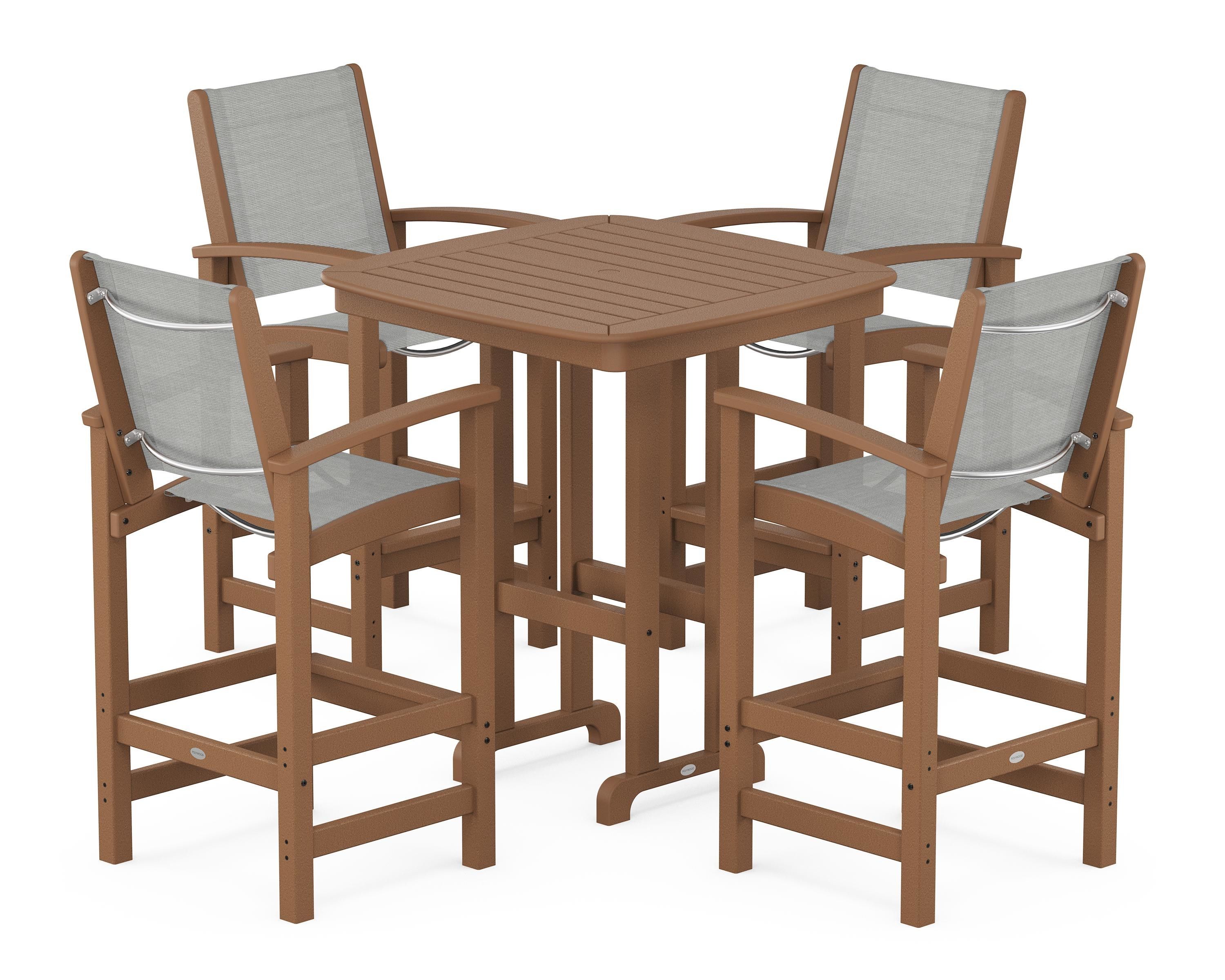 POLYWOOD® Coastal 5-Piece Bar Set in Teak / Metallic Sling