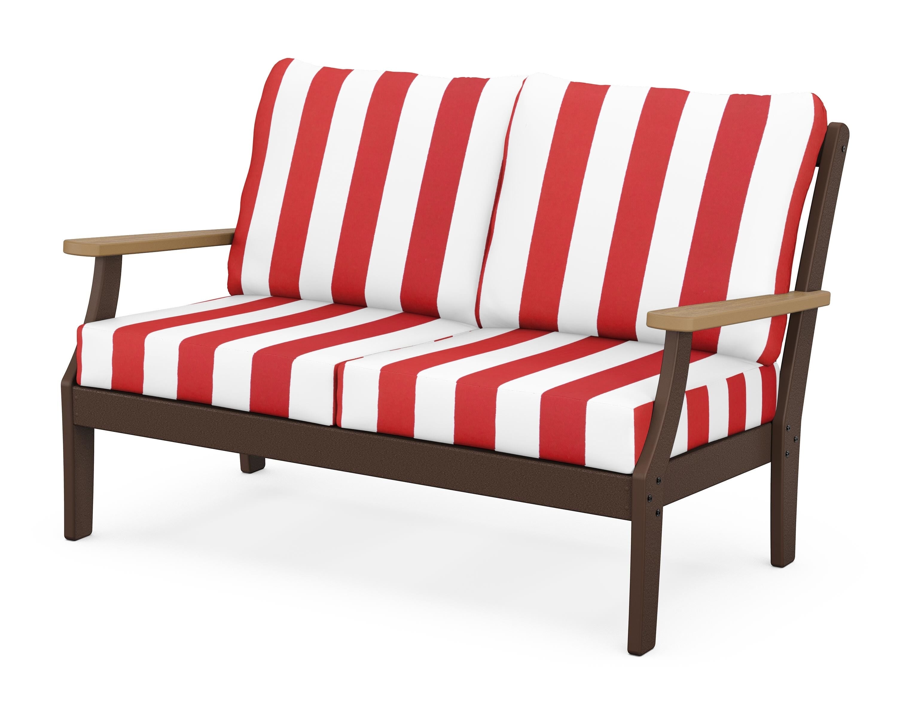 POLYWOOD® Braxton Deep Seating Loveseat in Mahogany / Natural / Cabana Stripe Crimson