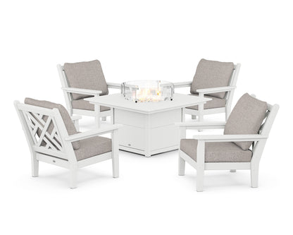 POLYWOOD® Chippendale 5-Piece Deep Seating Set with Fire Pit Table in White / Weathered Tweed