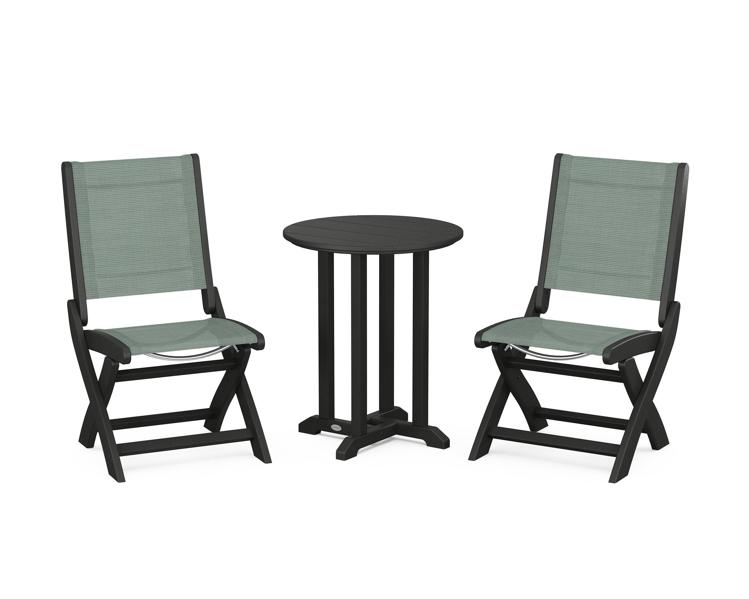 POLYWOOD® Coastal Folding Side Chair 3-Piece Round Bistro Dining Set in Black / Dupioni Sea Mist Sling