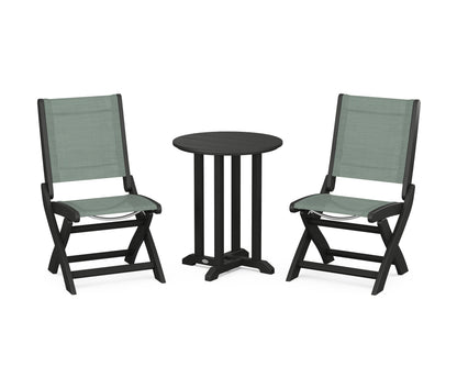 POLYWOOD® Coastal Folding Side Chair 3-Piece Round Bistro Dining Set in Black / Dupioni Sea Mist Sling