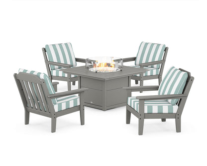 Country Living Cottage 5-Piece Deep Seating Set with Fire Pit Table in Slate Grey / Cabana Stripe Glacier Spa