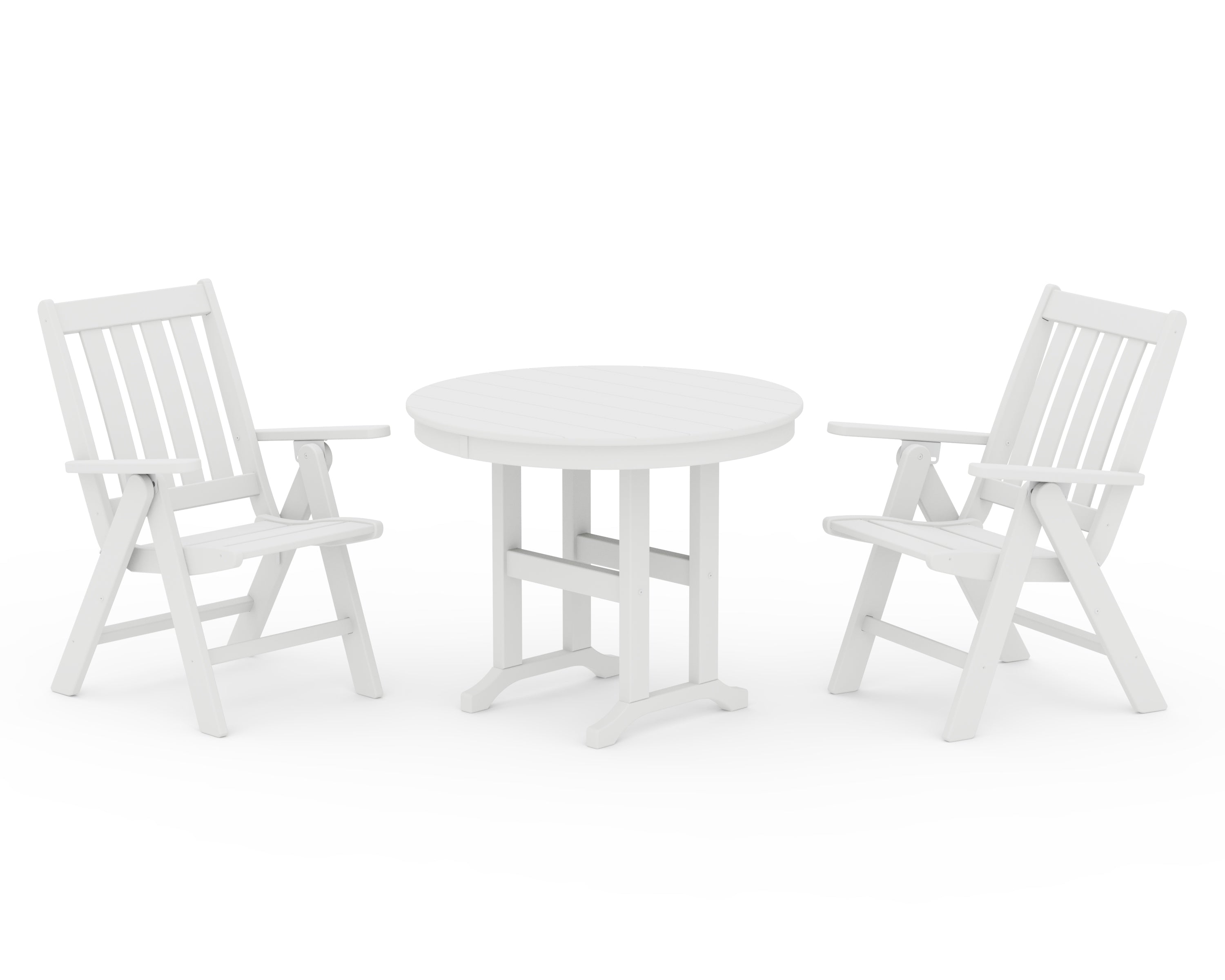 POLYWOOD® Vineyard Folding Chair 3-Piece Round Dining Set in White