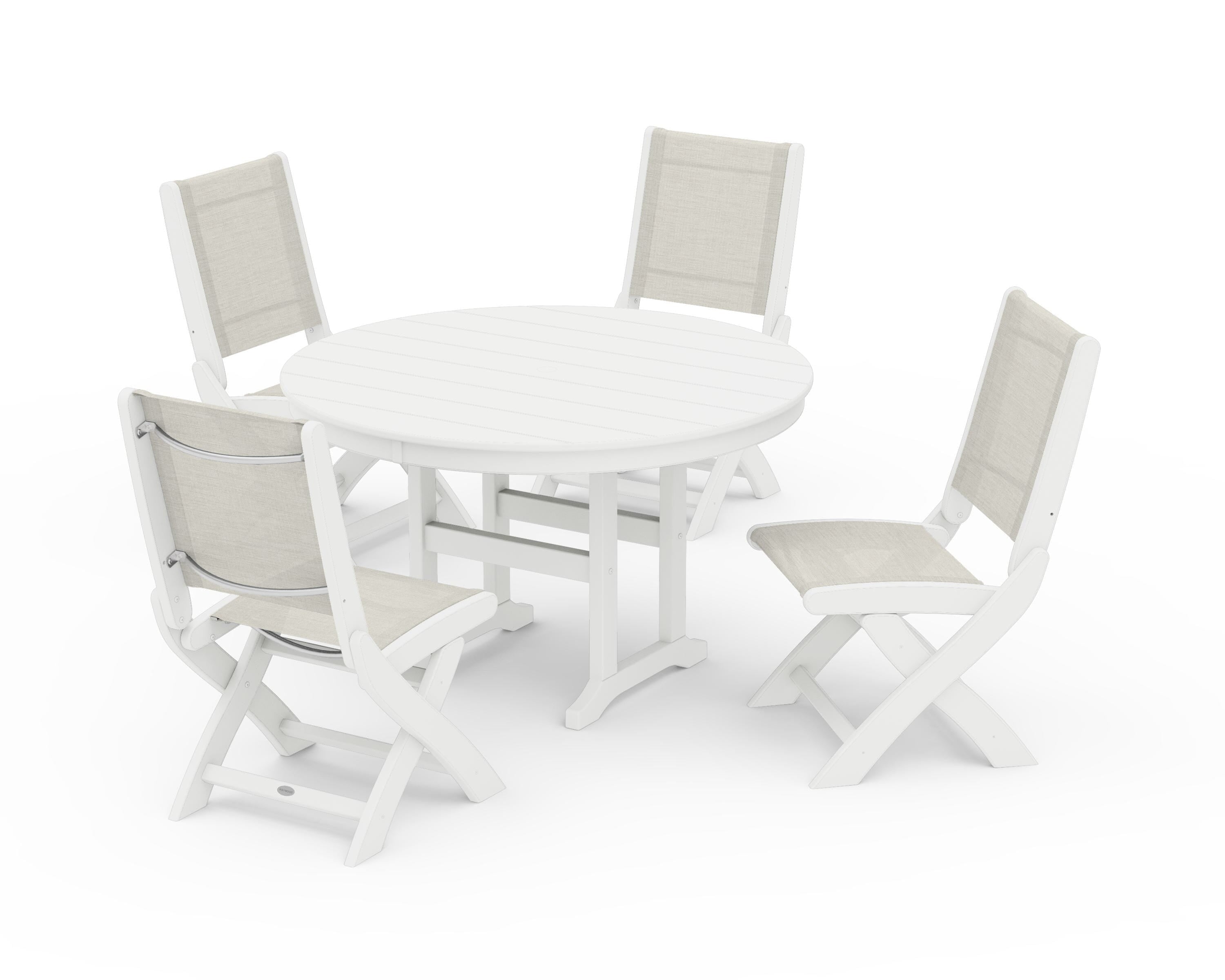 POLYWOOD® Coastal Folding Side Chair 5-Piece Round Dining Set in White / Parchment Sling