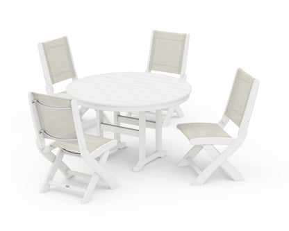 POLYWOOD® Coastal Folding Side Chair 5-Piece Round Dining Set in White / Parchment Sling