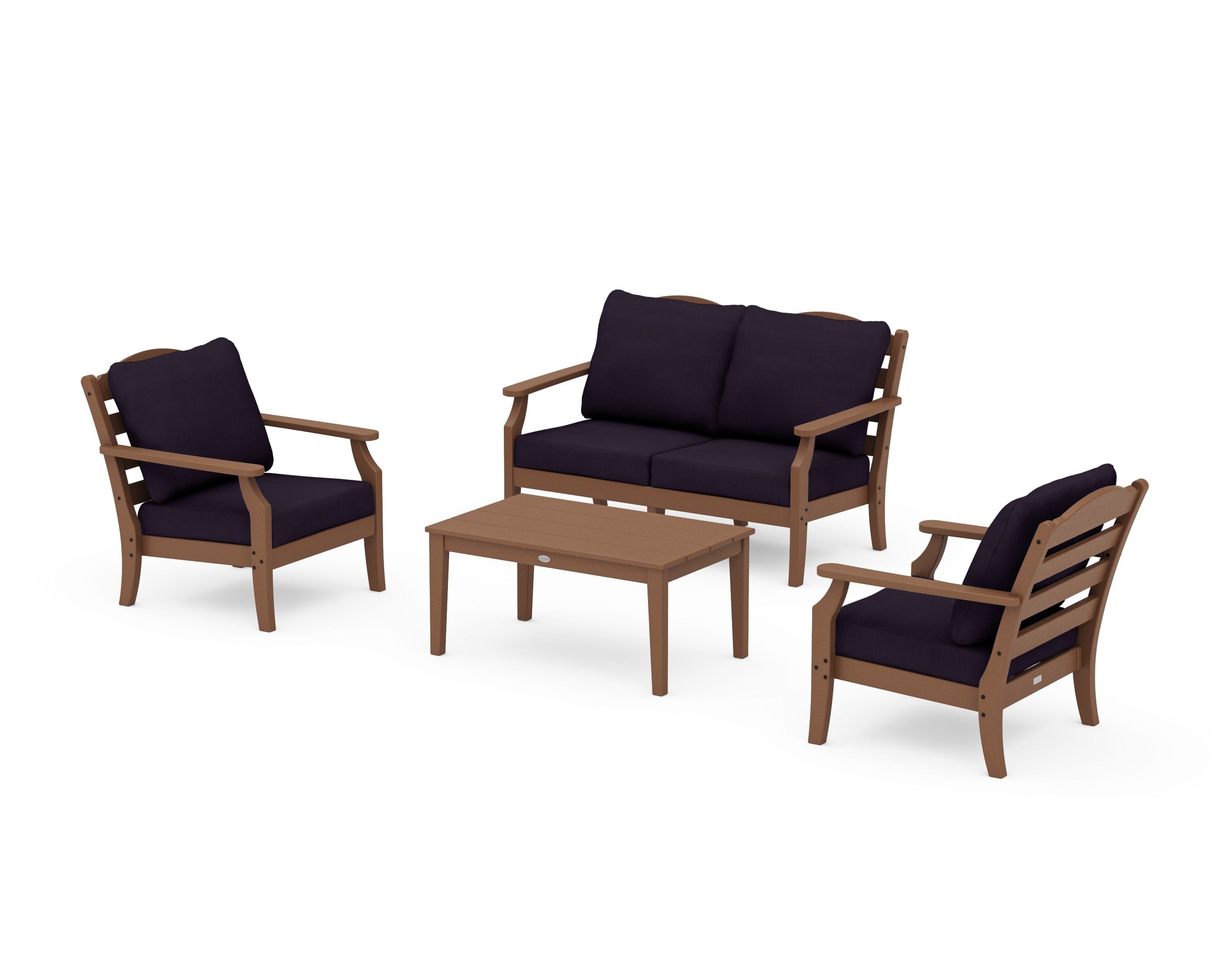 Draper James™ by  POLYWOOD® Savannah 4-Piece Deep Seating Set with Loveseat in Teak / Navy Linen