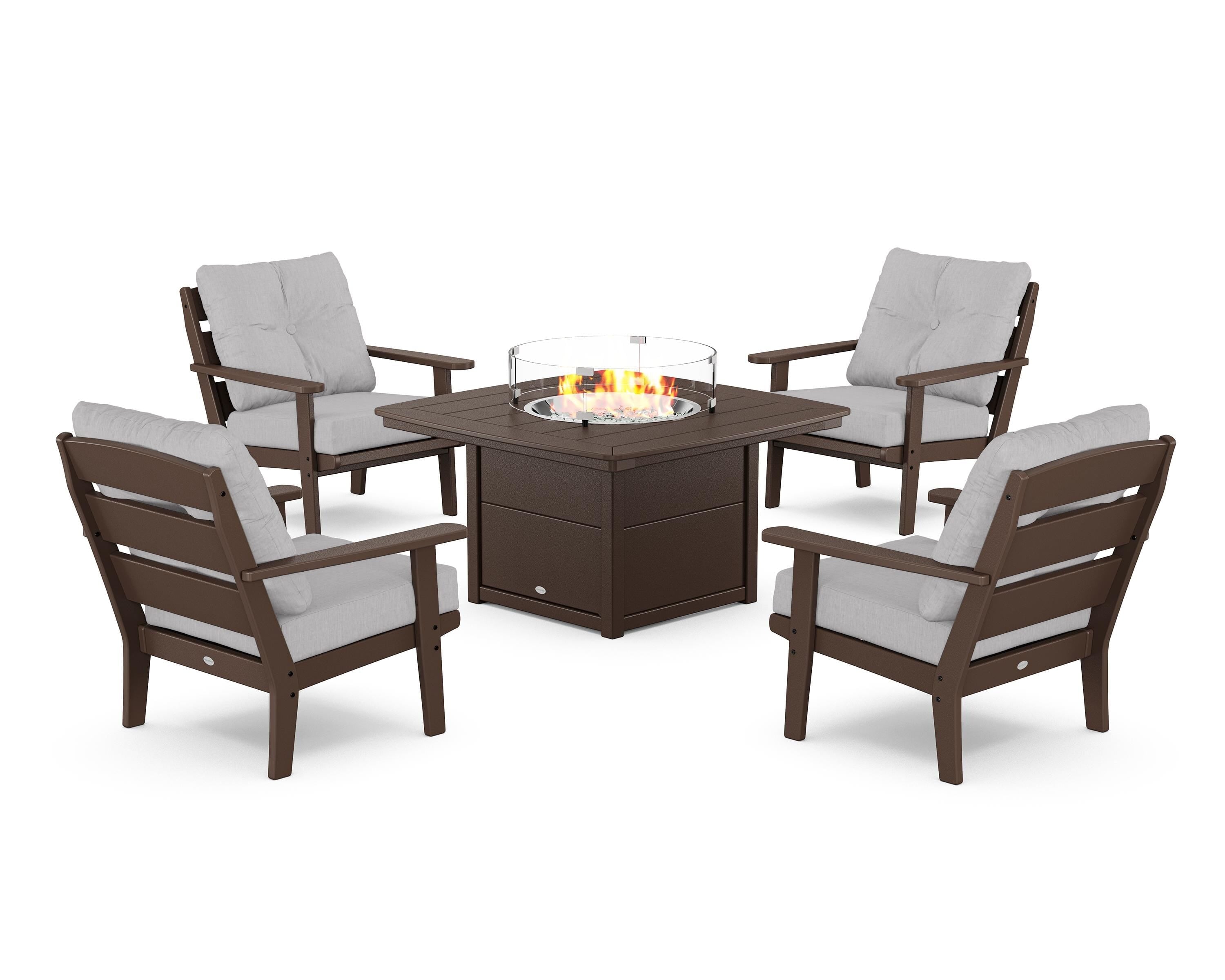POLYWOOD® Lakeside 5-Piece Deep Seating Set with Nautical Fire Pit Table in Mahogany / Granite