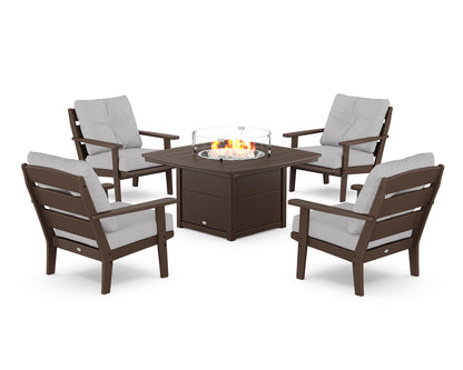 POLYWOOD® Lakeside 5-Piece Deep Seating Set with Nautical Fire Pit Table in Mahogany / Granite