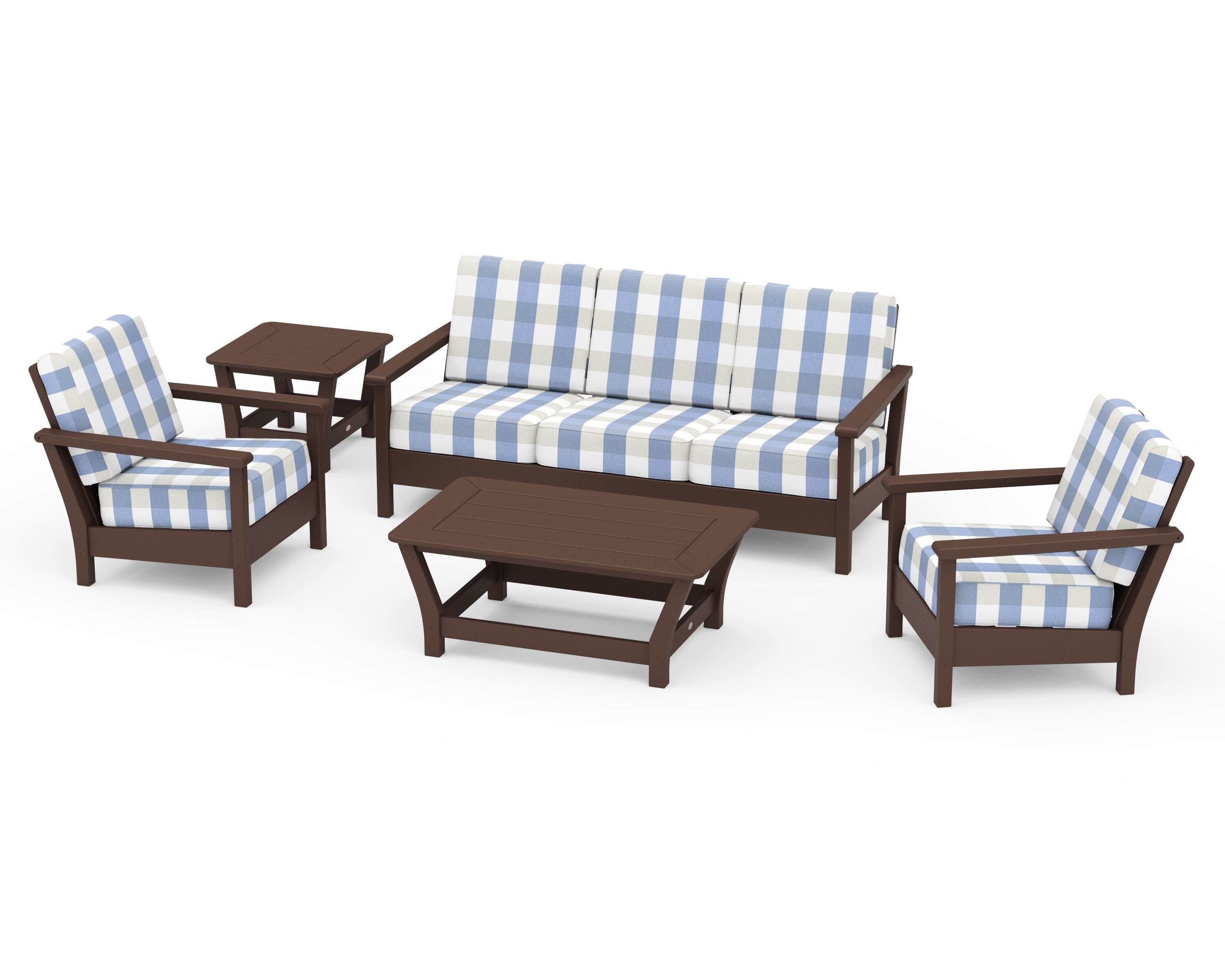 POLYWOOD® Harbour 5-Piece Deep Seating Set in Mahogany / Buffalo Plaid Sky Blue