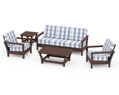 POLYWOOD® Harbour 5-Piece Deep Seating Set in Mahogany / Buffalo Plaid Sky Blue