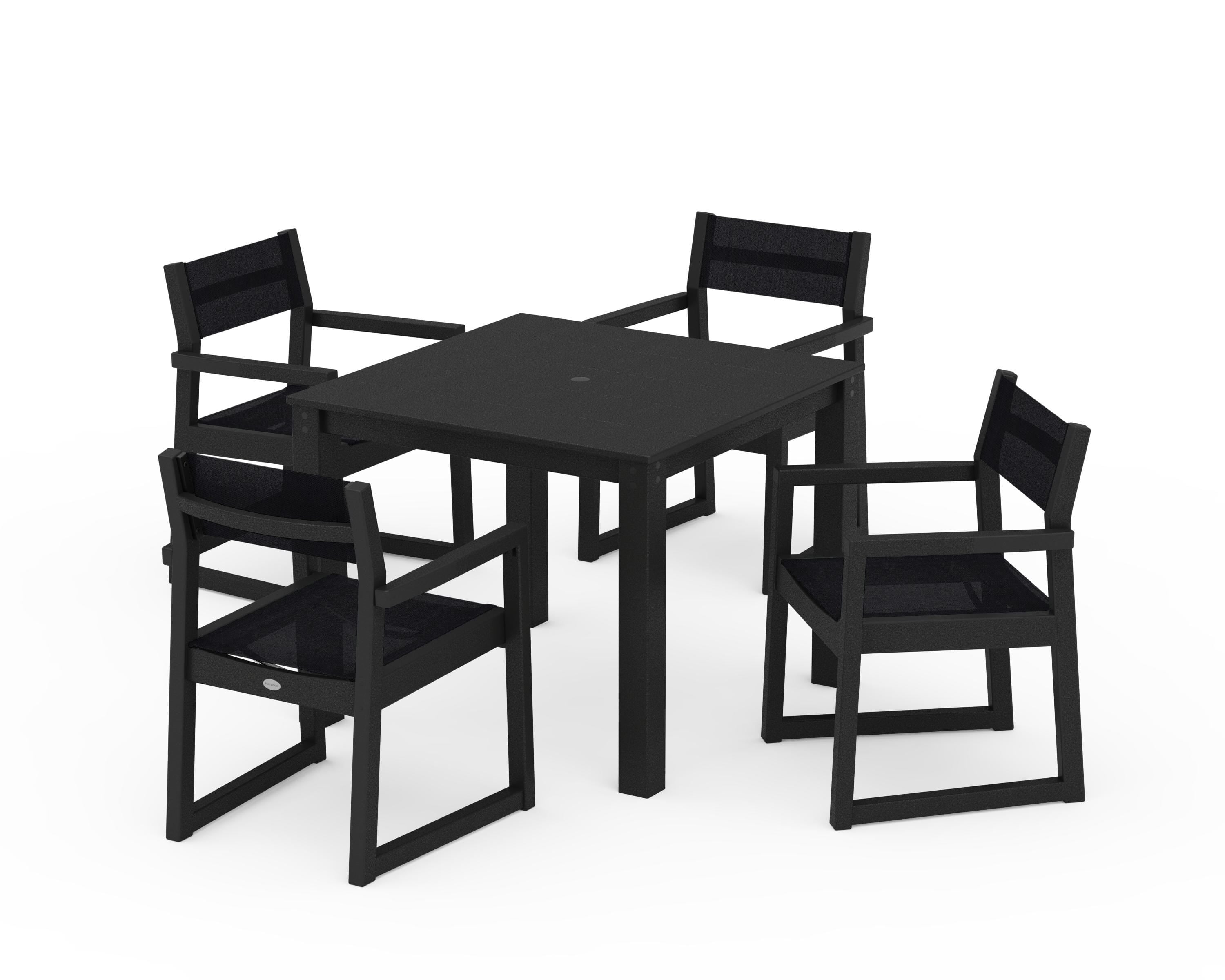 POLYWOOD® EDGE Sling Arm Chair 5-Piece Parsons Dining Set in Black / Black Sling