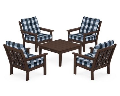POLYWOOD® Vineyard 5-Piece Deep Seating Conversation Set in Mahogany / Buffalo Plaid Marine Indigo