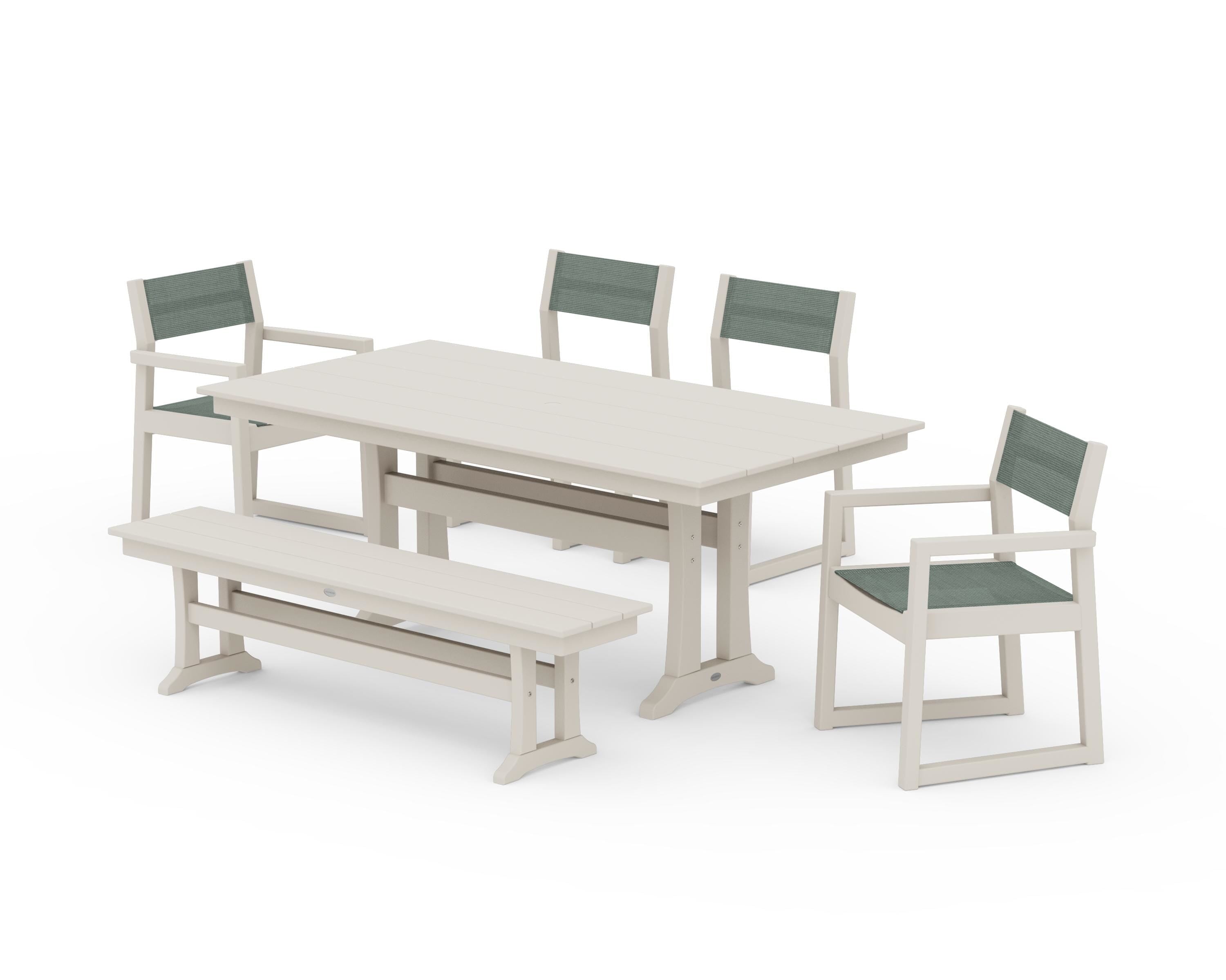 POLYWOOD® EDGE Sling 6-Piece Farmhouse Dining Set With Trestle Legs in Sand / Dupioni Sea Mist Sling