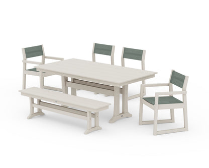 POLYWOOD® EDGE Sling 6-Piece Farmhouse Dining Set With Trestle Legs in Sand / Dupioni Sea Mist Sling