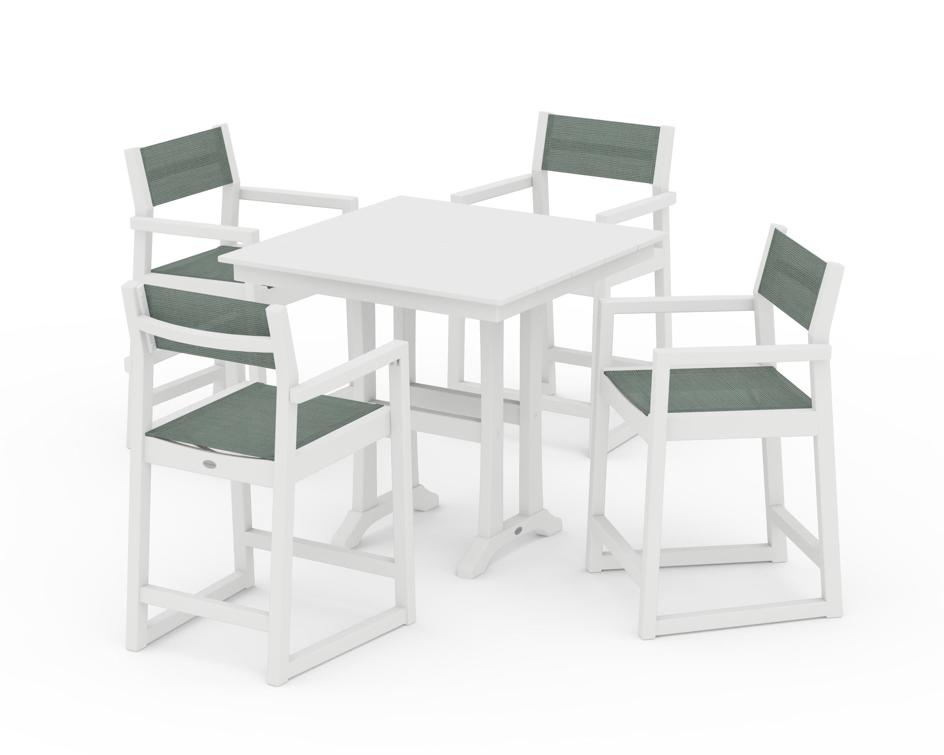 POLYWOOD® EDGE Sling Arm Chair 5-Piece Farmhouse Counter Set with Trestle Legs in White / Dupioni Sea Mist Sling
