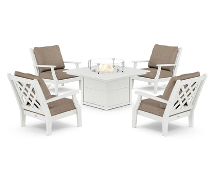 Country Living Wovendale 5-Piece Deep Seating Set with Fire Pit Table in White / Spiced Burlap