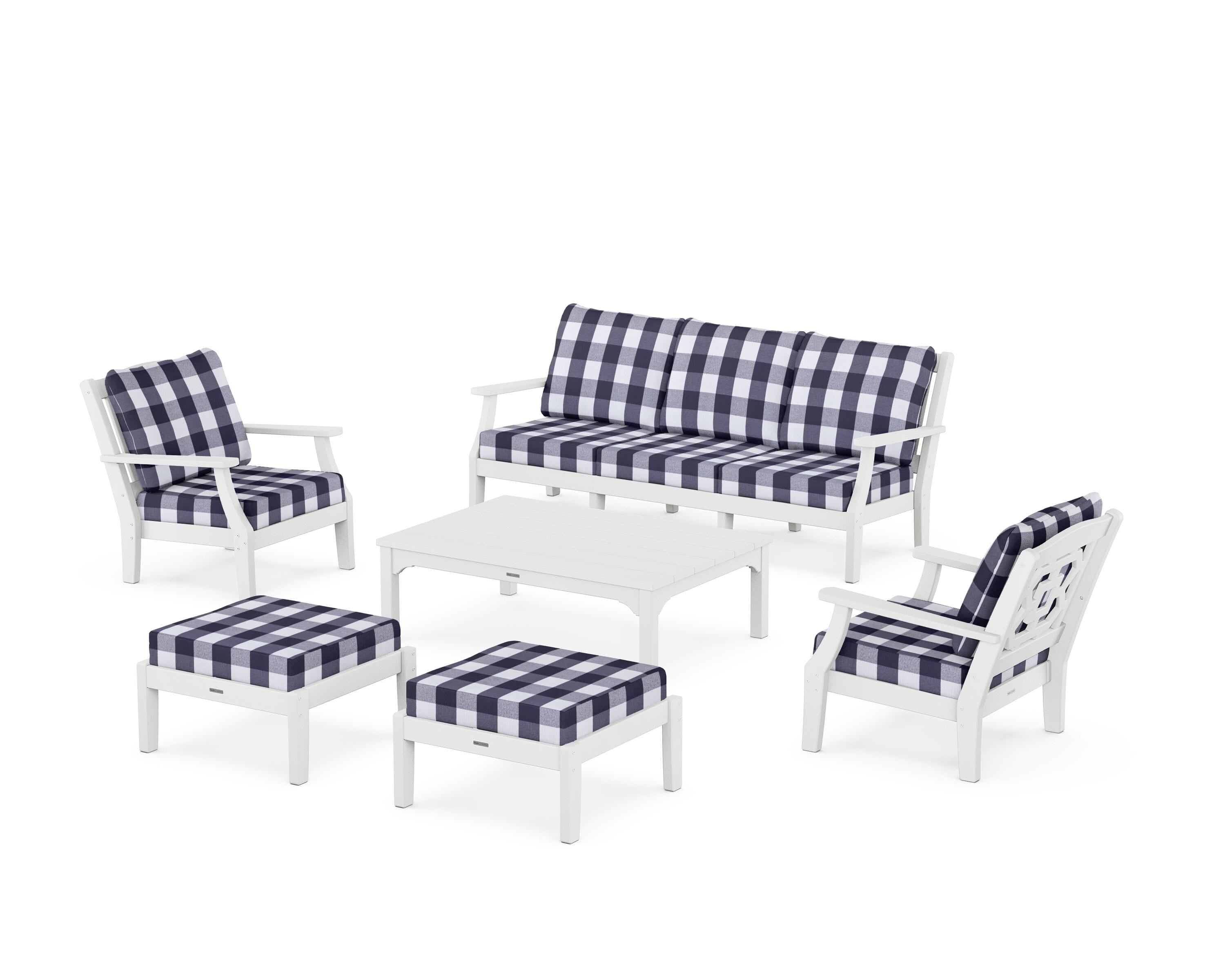 Martha Stewart by POLYWOOD® Chinoiserie 6-Piece Lounge Sofa Set in White / Buffalo Plaid Navy